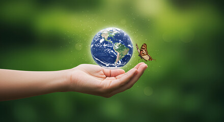 Green earth globe held in hands symbolizing environmental protection care