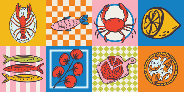 Whimsical hand drawn sea food illustrations in trendy whimsical style. Perfect doodle for quirky italian wedding holiday, poster, dinner and bar menu, bachelorette party, birthday invitation, sign