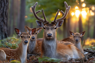 Deer resting in a forest during sunset with warm light illuminating the surroundings