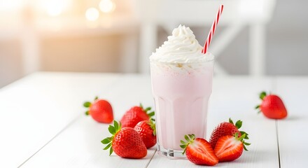 Sweet strawberry milkshake with whipped cream red straw and fresh strawberries in glass jar dessert drink