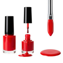 Obraz premium Red nail polish bottles brush and droplet isolated on transparent background