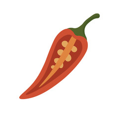 Half chili pepper with seeds inside, flat vector style, isolated spicy seasoning illustration.