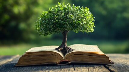 Tree growing from an open book symbolizing nature and knowledge in a serene outdoor setting
