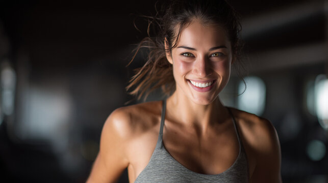 Strahlende sportliche Frau nach dem Training, energiegeladenes Fitnessportr&auml;t mit L&auml;cheln, Lebensfreude und gesunder Ausstrahlung im modernen Fitnessstudio