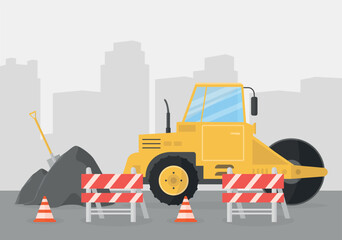 View of road works with road roller, road barriers and asphalt concrete mix.