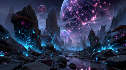 Alien planet landscape for space game background. Vector cartoon fantasy illustration of cosmos and planet surface with rocks, cracks, glowing spots and mist for gui game design