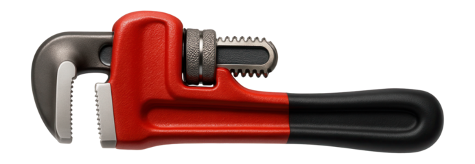 Adjustable pipe wrench with a red cast iron body for a plumbing repair kit.