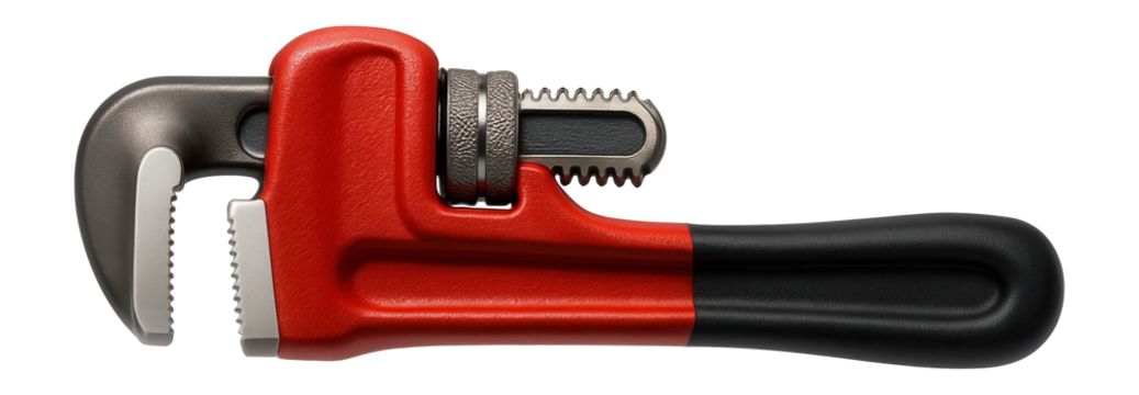 Adjustable pipe wrench with a red cast iron body for a plumbing repair kit.