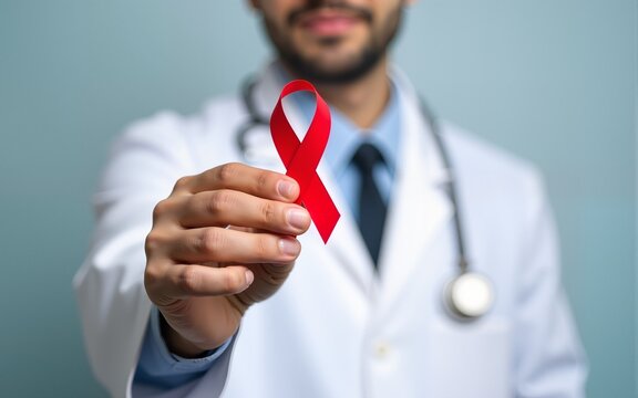 A doctor holds a red awareness ribbon, world AIDs day ribbon. High quality