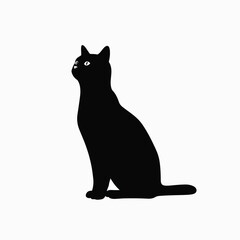 Obraz premium A sleek black silhouette of a cat sits upright with its tail elegantly curled, presented as a minimalist 2D flat vector icon on a plain background. This graphic features a bold and clean feline shape.