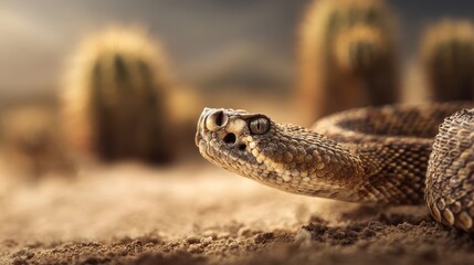 Obraz premium Stunning Close-Up of a Rattlesnake in Desert Environment with Cacti in Background Showcasing Natural Beauty, Texture, and Detail of Reptile in its Habitat