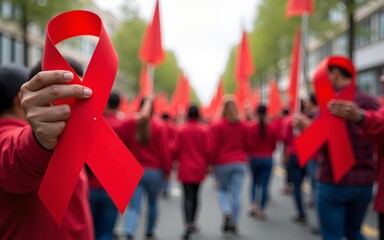 Outdoor World AIDS Day event with people holding large red ribbons and banners promoting HIV awareness Large space for text in center Stock Photo with copy space. High quality