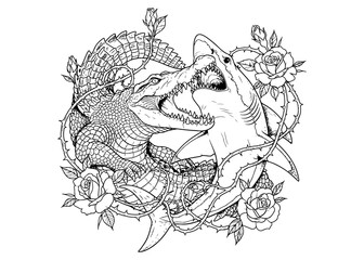 Crocodile and shark tattoo design with vintage image wrapped around thorny roses