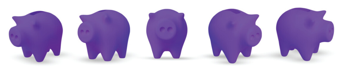 Set Minimalist 3D purple piggy bank collection perfect for financial design, banking apps, money saving concepts, and investment promotions.