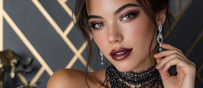 a stylish woman poses against a dark background with golden geometric elements. she wears shiny jewelry and smoky makeup, holding her hand near her face and looking directly at the camera.