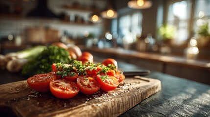 Freshly Sliced Tomatoes with Green Herbs on a Wooden Cutting Board in a Cozy Kitchen Setting with Natural Lighting and Warm Ambiance