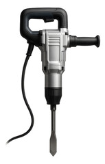 Corded electric jackhammer with an L-shaped handle and a narrow spade bit for tile removal in renovation projects.