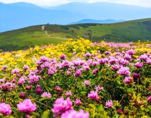 Obraz premium A vibrant meadow of wildflowers in various shades of pink and yellow, carpeted across a hillside, with distant mountains.