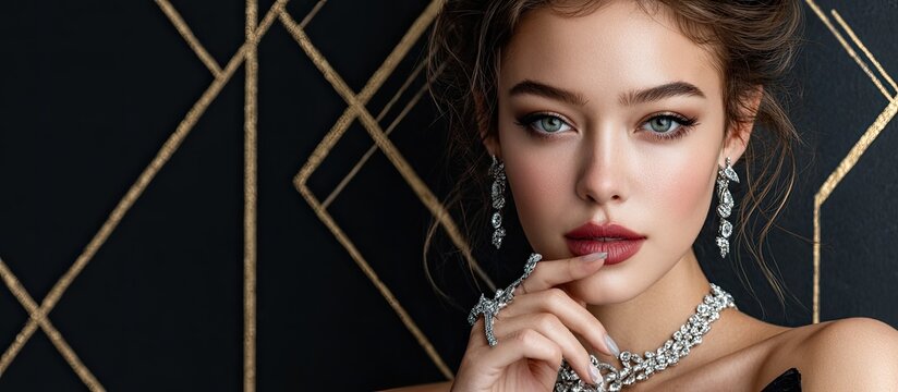 a stylish woman poses against a dark background with golden geometric elements. she wears shiny jewelry and smoky makeup, holding her hand near her face and looking directly at the camera.