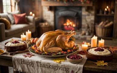 Thanksgiving dinner, Roasted turkey feast, Holiday dinner table, Cozy Thanksgiving meal, Autumn holiday dinner, Thanksgiving turkey spread, Festive dinner scene, Happy Thanksgiving meal
