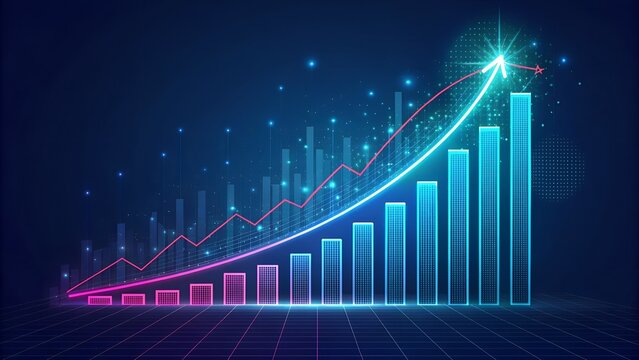 Increasingly abstract Financial chart with moving up growing stock market graph in blue Pink purple light color background.
