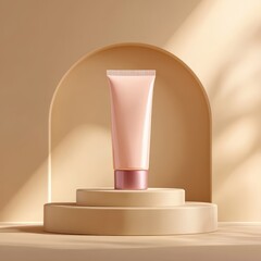 Pink Cosmetic Tube Mockup on Beige Podium with Soft Lighting.#