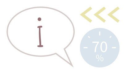 Speech bubble featuring i for information, blue circular percentage chart at 70, and yellow arrows pointing left. Ideal for education, data insights, communication, technology tips, progress