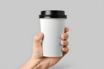 Mockup of male hand holding a Coffee paper cup isolated on light grey background. 