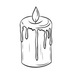 Burning graphic candle with wax drips, vintage, retro, antique. Vector graphic illustration. Candle outline isolated on white. For the design of postcards, posters, stickers, prints 