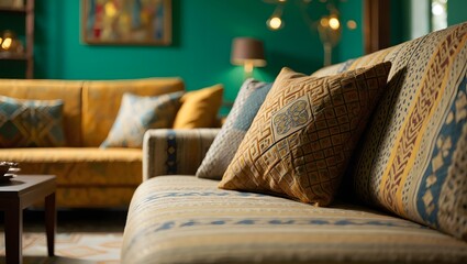 A modern living room with a vibrant emerald green accent wall features a plush cream-colored sofa with intricate geometric patterns