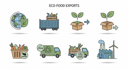 Sustainable EcoFood Exports Global Green Supply Chain Icons.