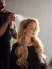 Fototapeta premium Professional hairstylist applying finishing hairspray to blonde woman with long wavy hair in modern salon. 