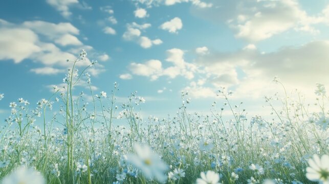 Idyllic meadow of wildflowers under a bright blue sky with puffy clouds
