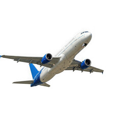 Obraz premium Modern passenger jet airplane ascending against a dark sky isolated on transparent background