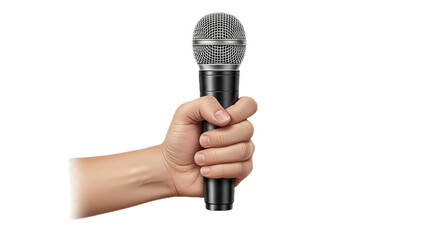 hand holding microphone on white transparent background, PNG