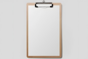 Mockup of wooden clipboard with blank paper isolated on light grey background. 