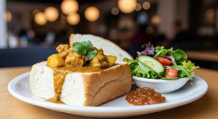 Classic South African bunny chow, a hearty and savory mutton curry stew served in a hollowed-out loaf of white bread with a side of fresh salad.