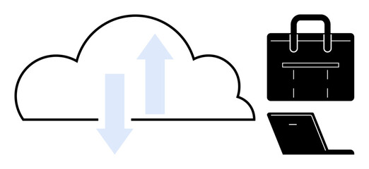 Cloud with arrows signifying data transfer, business briefcase, and laptop suggesting digital work, cloud storage, and connectivity. Ideal for technology, business, communication, storage workflow