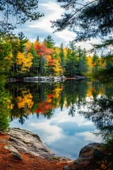 Obraz premium Autumn reflections serene lake forest landscape
