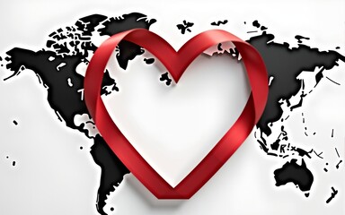 world aids day - red ribbon appeal with heart shape roll around black line frame on lines curve and world map texture background vector design. High quality