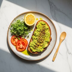 Vegan Breakfast Flat Lay with Avocado Toast – Healthy Eating Concept

