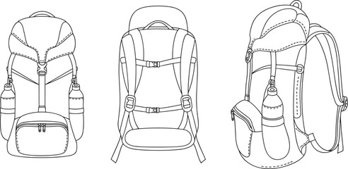 Backpack vector illustration, hiking travel bag sketch, front and back view design template, outdoor camping backpack outline, adventure gear drawing, sport rucksack mockup