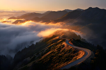 Sunrise mountain road with foggy valley below ideal for travel blog header or inspirational wall art
