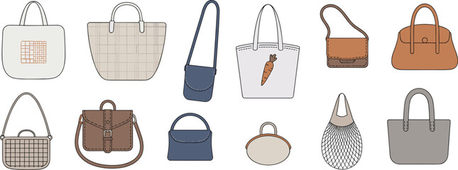 Fashion handbag vector illustration, trendy purse sketch, tote bag drawing, shoulder bag outline, stylish women’s accessories design, leather handbag template, casual shopping bag mockup