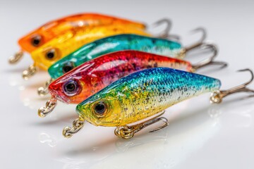 Colorful fishing lures arranged in a vibrant row on a white surface.
