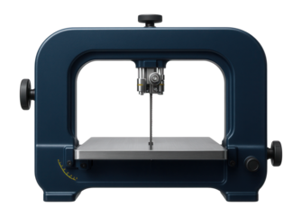 Wide-throat band saw with a reinforced frame for steady cuts in a boat-building workshop.
