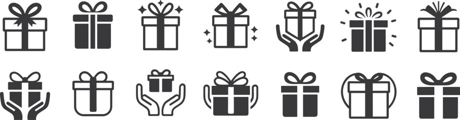 Gift box icons, ribbon bows, celebration, present wrapping, decorative packages, festive symbols, surprise, holiday, reward, giveaway, flat vector illustration
