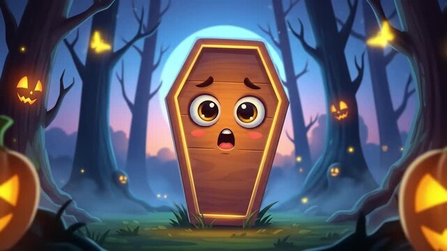 Scared coffin character halloween forest night