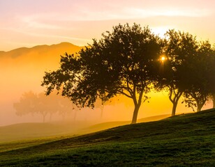 Misty sunrise illuminates silhouetted trees on a gently sloping hill