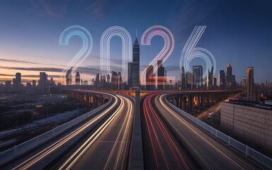 Anticipating 2026 with a futuristic cityscape view at dusk featuring glowing highway lights and modern architecture symbolizing progress and innovation in urban development